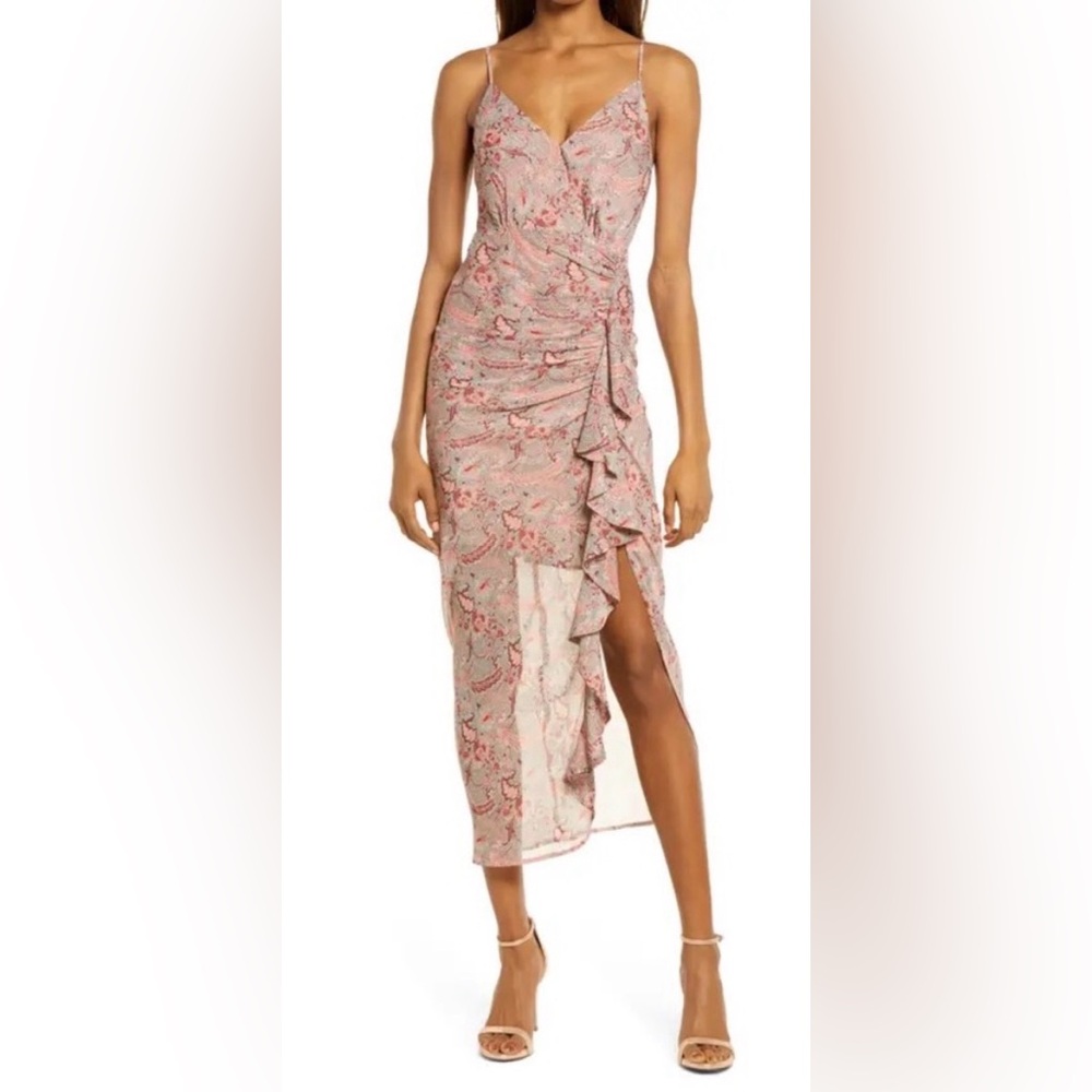 Floret Studios Floral Ruffle Chiffon High-Low Maxi Dress
